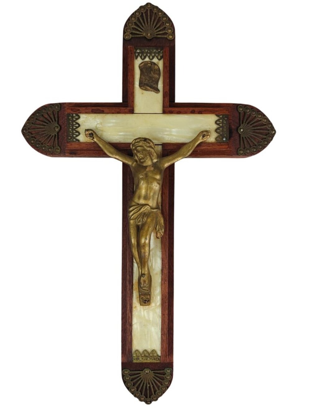 Vintage Wooden & Brass Crucifix Wall Cross Last Rites With Inlay Accents